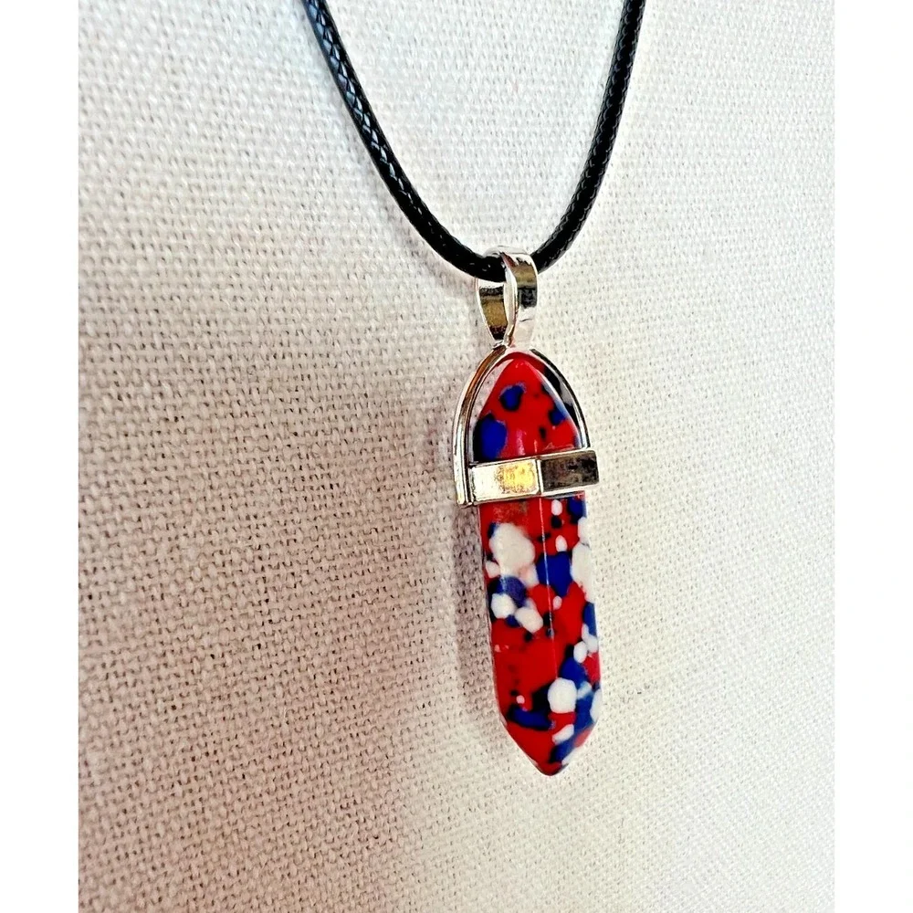 Red White Blue Stone Pendant Necklace Patriotic USA Americana Cord 250 Birthday‎